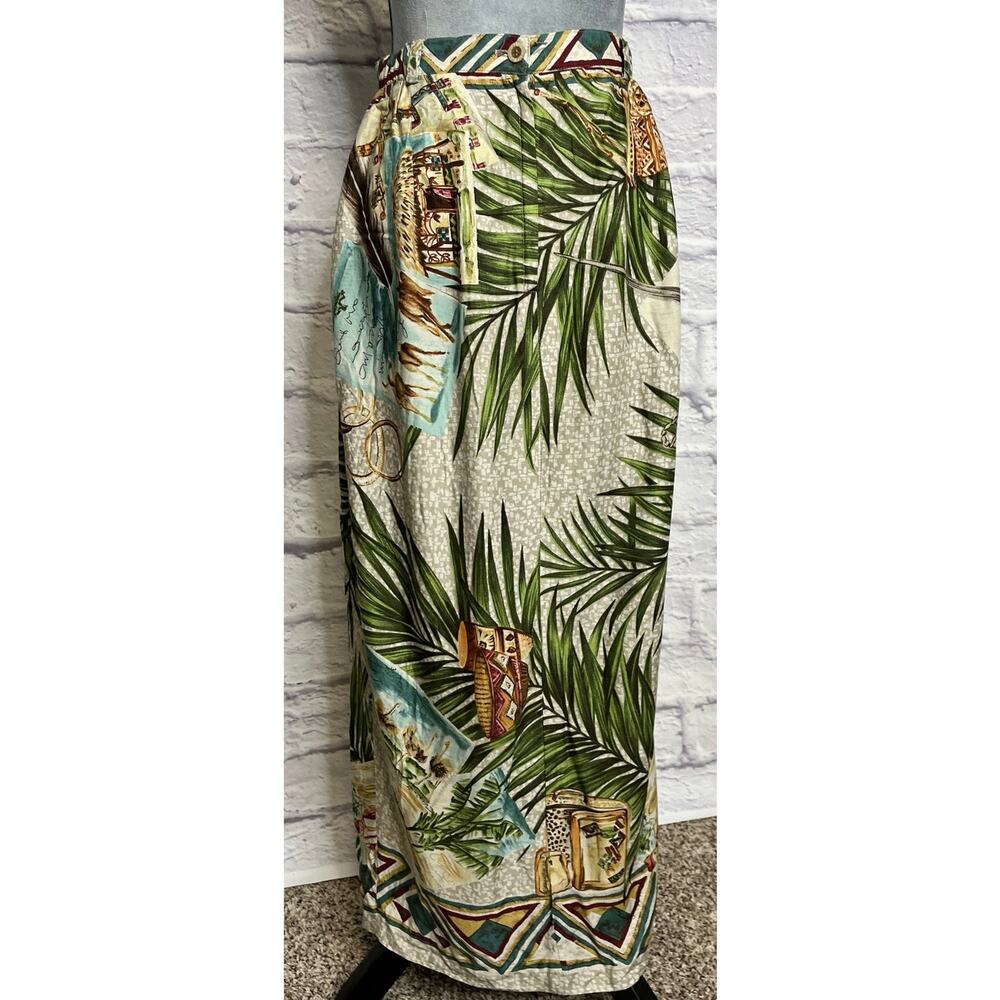 90's Sharon Young Tropical Print Boho Faux Wrap Skirt w/ Pocketwatch Design - Picture 5 of 10